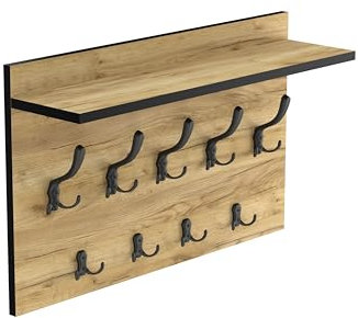 HWS FURNITURE Wandgarderobe mit 9 schwarzem Haken, Wandregal aus Holzdekor Eiche mit schwarzem Finish, Wandmontierte Garderobe für Flur, Schlafzimmer, Büro, Loft-Stil