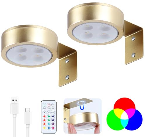 2 Pack Wireless Picture Lights for Wall,Rechargeable Picture Light Battery Operated with Remote,Dimmable Painting Light for Art Display,RGB Battery Wall Lights for Dartboard Photo Frame Gallery.Gold
