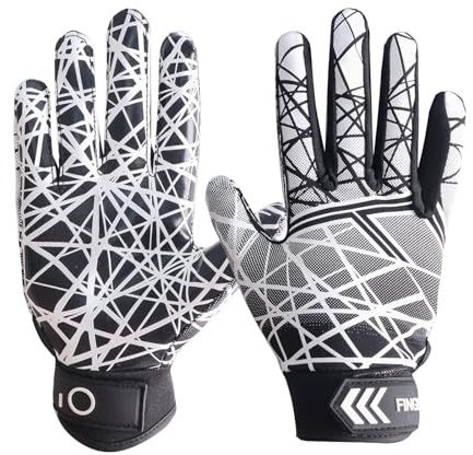FINGER TEN American Football Gloves Youth Kids Ultra Tack Sticky Non-Slip Palm Receivers, Rugby Gloves Flexible Stretch Protection Waterproof Professional Fit Age 5-14 (Grey,Small)