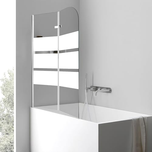 Fiqops Mampara de ducha para bañera, 100 x 140 cm, plegable, 2 piezas, con cristal templado de seguridad de 6 mm, diseño de rayas blancas, pared de cristal con accesorio de bañera