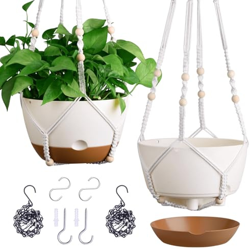 Montresor Set of 2-10 Inch Hanging Planters for Indoor & Outdoor Plants with Self-Watering, Drainage & 2 Types of Hanging Baskets (White, 10inch)