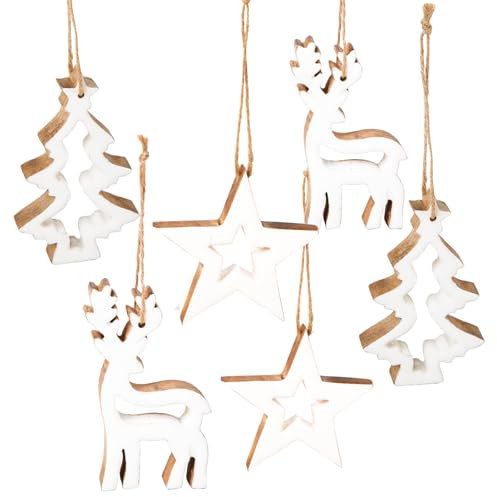 Logbuch-Verlag 6 Weihnachtsbaumschmuck Holz weiß Hirsch Tannenbaum Stern Anhänger Christbaumschmuck im Landhaus-Stil 12 cm