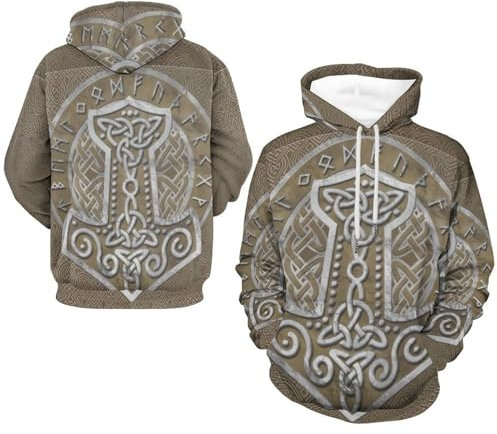 Norse Mythology Vintage Paganism Valknut Runes Hoodies, Outdoor Sports Pullover, Round Neck Hip Hop Streetwear(Thor's Hammer,S)