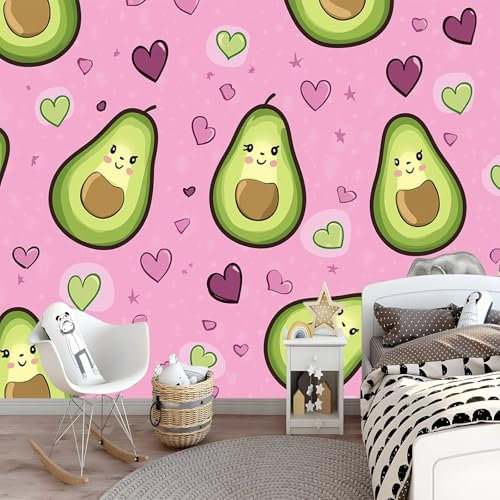 Générique Papier Peint Photo Murale Chambre Enfant 200 x 140 cm 3D Effet Avocat kawaii Papier Peint Cœur De Dessin Animé Douces pour Fille Papier Peint intissé