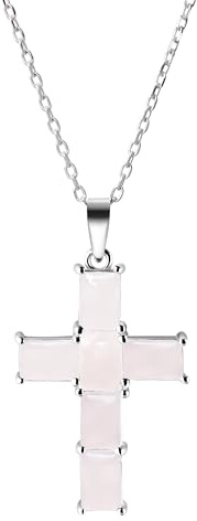 Franki Baker Sterling Silver Rose Quartz Crystal Cross Pendant Necklace, 50+5cm Length