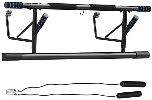SPORTNOW Doorway Pull-Up Bar, No-Drilling Chin-Up Bar, Push-Up Stand with Resistance Bands, Padded Handles for Home Gym Exercise, Blue