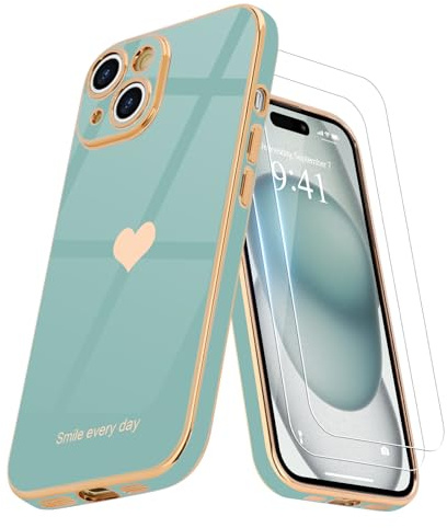 Teageo for iPhone 15 Case with 2 Screen Protector Heart Pattern for Women Girls Luxury Bling Plating Soft TPU Anti-Scratch Shockproof Bumper Phone Case for iPhone 15, Teal
