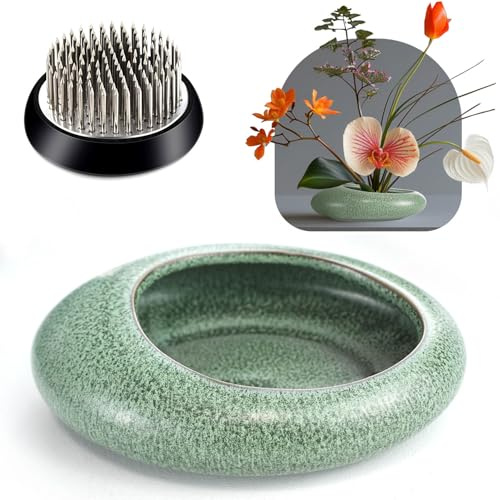 IKEBANA Frog Ceramic Vase Kit for Flower Arrangement (Green, Small)
