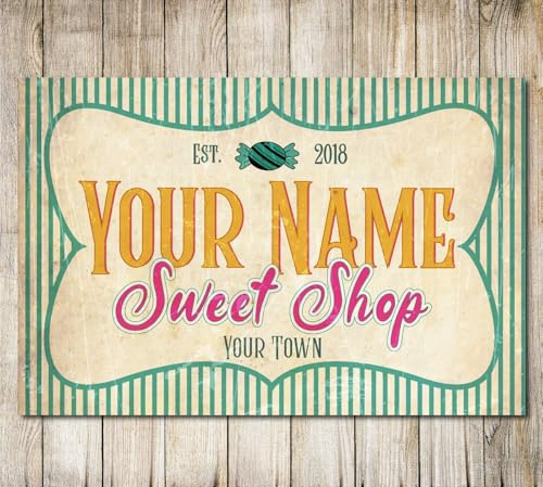 PERSONALISED SWEET SHOP Sign Vintage Style Store Gift Workshop Metal Plaque