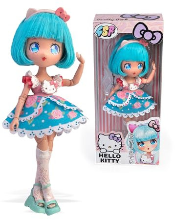 4SF - Hello Kitty Manga Doll Pretty Pink, Muñeca Fashion Japonesa con Looks a la Moda Manga, Figura de 19,5 cm con 15 Puntos de Articulación, Pelo Azul, Accesorios Incluidos, Famosa (HKTF0300)