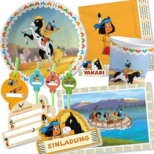 108-tlg. Party-Set * INDIANER YAKARI * für Kindergeburtstag und Mottoparty mit Teller + Becher + Servietten + Platzsets + Einladungen + Papier-Trinkhalme + Ballons + mehr | Kinder Geburtstag Deko
