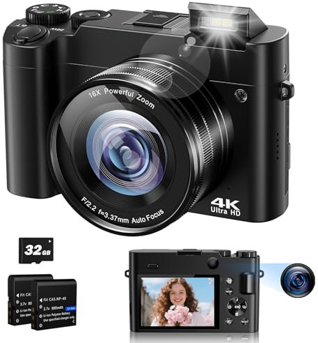 Cámara Digital 4K, 64MP Camara de Fotos, Cámara Compacta Camara Fotografica Selfie con Enfoque Automático, 16X Zoom, Flash, Tarjeta de Memoria 32G, 2 Baterías para Principiantes