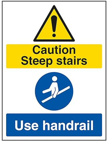 V Safety Caution Steep Stairs/Use Handrail 200 x 300 mm - Glow In The Dark 1mm Rigid Plastic Safety Sign