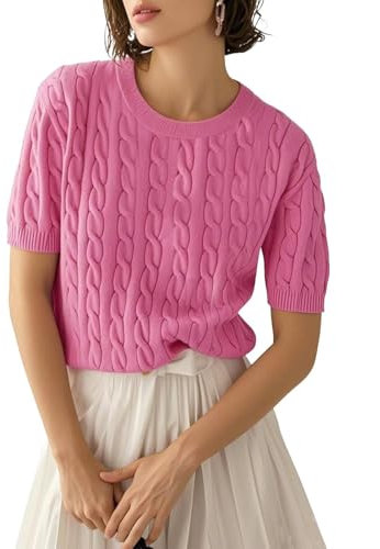 LACOZY Womens Bow Embroidered Sweater Fashion Cable Knit Tops Short Sleeve Crewneck Pullover Shirts 2025 Spring Summer Clothes Pink S