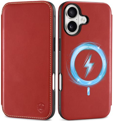 SHIELDON Genuine Leather Slim Wallet Case for iPhone 17 6.3, Retro Red