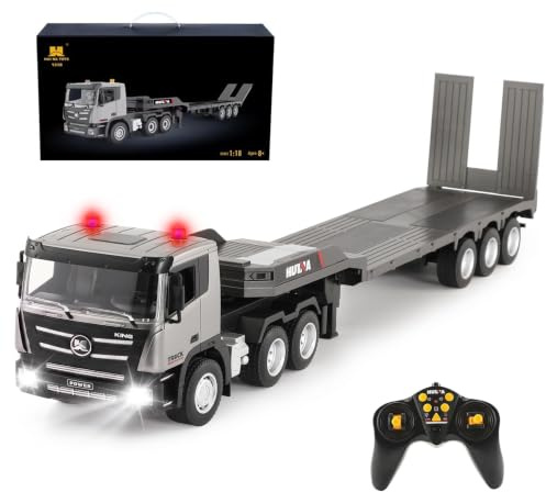 BEOSIOR 1:24 RC Truck Remote Control Cars with Flatbed Trailer,2.4GHz Ultra-Long Trailer, LED Lights, Realistic Sound, Rechargeable Battery, Gift for Kids