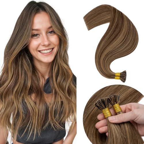 Elailite Pre Bonded I Tip Hair Extensions Real Human Hair 100 Strands 50g Stick Tip Keratin Hair Extension Remy Hair Highlighted Straight (#4/27 Medium Brown Mix Dark Blonde, 18 Inch)