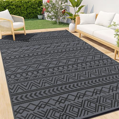 smiry Geometrisches Outdoor Teppich Wetterfest - 240x300 cm, Schwarz & Grau