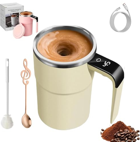 Snrtevu Smart Self Stirring Mug with Temperature Display, 380ml Automatic Magnetic Stirring Coffee Mug with Lid, Electric Coffee Mugs for Milk, Cocoa, Kitchen Travel Birthday Gift (Yellow)