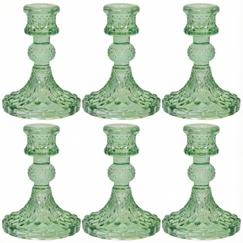 Olrla Grün Glas-Kerzenhalter 6-TLG, für Stabkerzen, Elegante Tischdeko | grüne Glas-Kerzenständer, 6-tlg, schöne Tischdeko für Hochzeit, Weihnachten & Wohnzimmer