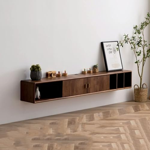 Mediaconsole - Meuble TV mural flottant en bois de noyer avec portes et étagères de rangement ouvertes, table console TV, armoires multimédia de divertissement suspendues pour le stockage (moyen)