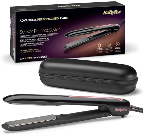 BaByliss Sensor Protect Hair Straighteners, Intelligent Heat Control, Black | Adaptive Heat Protection Technology, Titanium Floating Plates, 5 Heat Settings up to 200°C, Anti-Frizz, Storage Case, ST491U