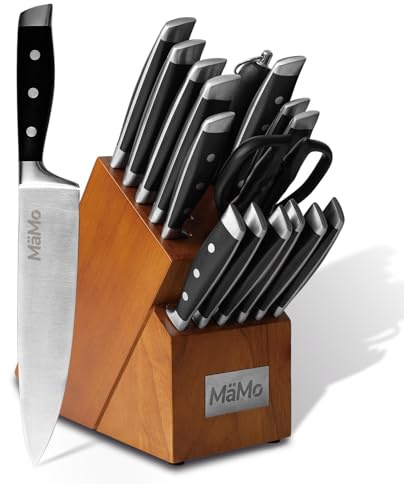 Mämo 18-teiliges Messerset mit Messerblock aus 5Cr15MoV Edelstahl | Profi Küchenmesser Set , Santokumesser, Brotmesser, Steakmesser, Küchenschere & Wetzstahl – Küchen Messerblock mit Messer