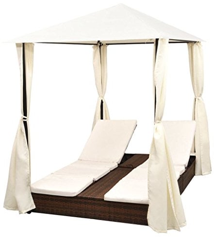 Festnight Sonnenliege Doppelliege Gartenliege für 2 Personen mit Vorhang Poly Rattan Braun