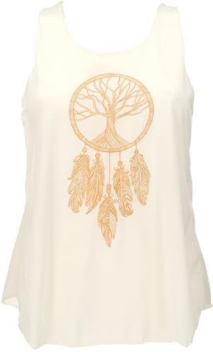 GURU SHOP Retro Art Tanktop mit Ethnodruck Traumfänger - Baum des Lebens Cremeweiß/goldocker, Damen, Synthetisch