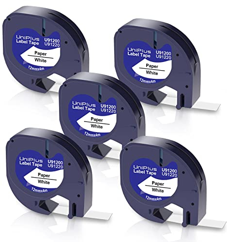 UniPlus 5 x Kompatibel für 91220 Etikettenband Ersatz für 91220 91200 S0721520 12 mm x 4 m Schwarz auf Weiß Papier Klebeband für LT-100H LT100H LT-100T XR QX50 Etikettendrucker