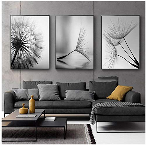 WQFairy Lámina de Diente de león Flor de Lienzo Pintura Moderna Blanco y Negro Cuadro Decoración para el hogar Sala de Estar Cartel de Pared Abstracto (3 Piezas 50x70 cm sin Marco)