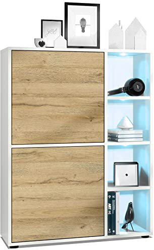 Vladon Highboard Schrank Anrichte Cuba mit 8 Fächern, Made in Germany, Korpus in Weiß matt/Fronten in Eiche Natur, mit RGB LED Beleuchtung