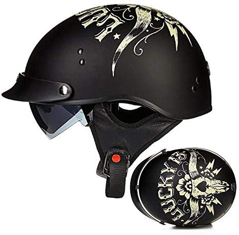 Demi-Casque de Moto, Rétro Harley Casque Face Ouverte, Vintage Casque Mobylette Bols avec Visière, Casque pour Adulte Hommes Femmes Scooter Locomotive, ECE Homologué