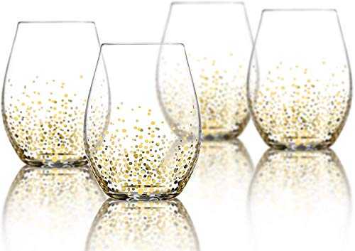 Trinkware Goldosa Collection - Set di 4 calici da vino senza stelo da 473 ml, senza stelo con design a pois dorati