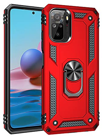 BestST Funda para Xiaomi Redmi Note 10 4G/Redmi Note 10s + HD Protectores de Pantalla,con Anillo Soporte 2in1 Dura PC Suave TPU Silicona Carcasa Híbrido Armadura Bumper Case Cover,Rojo