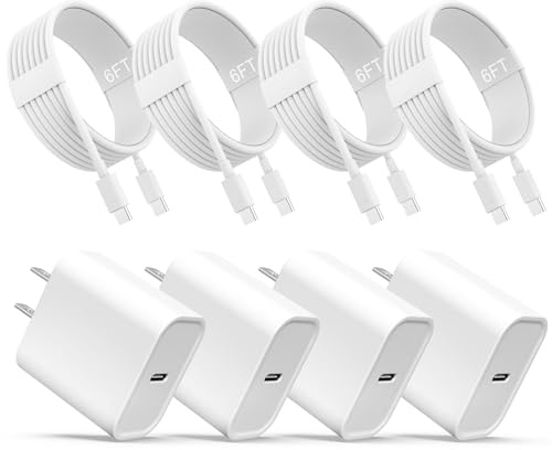 iPhone 17 16 15 Charger, USB C Charger, 4-Pack Fast Wall Charging, USB-C Chargers Block (4-Pack 6 ft Cable Included) for iPhone 17/16 15/15 Pro/15 Pro Max/iPad Pro/AirPods Samsung & More