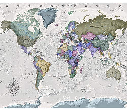 decomonkey - Papier Peint Panoramique Carte du Monde 450x315 cm - Décoration murale – Tapisserie décorative pour chambre salon - Continents colorés cartes inscriptions dans le monde gris anglais