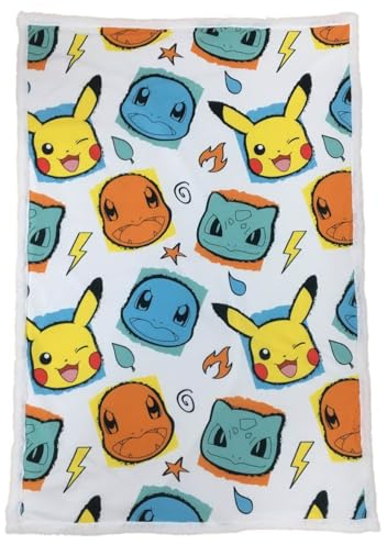 HÔMADICT Sherpa-Decke, Pokemon, Fleecedecke für Fans und Leidenschaften, Pokémon-Starters, Mehrfarbig, 100 x 150 cm, warm, weich, hohe Qualität, komfortabel, offizielles Lizenzprodukt