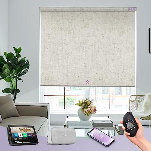 Graywind Customized Smart Roller Blinds Blackout, Textured Fabric Electric Windows Blinds Compatible with Alexa Google, Rechargeable Motorised Roller Shades with Remote, Linen Beige