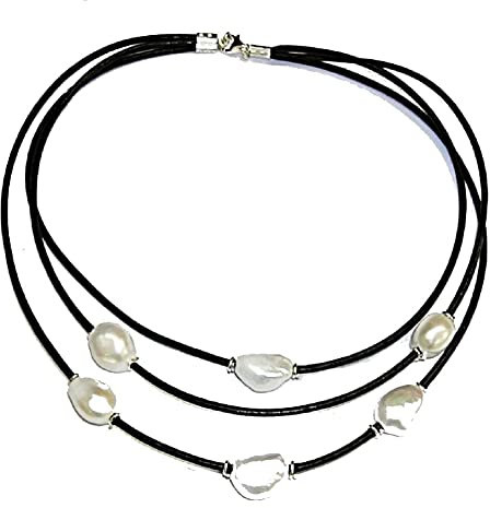 sin marca Collana di perle coltivate barocche, pelle nera naturale e argento sterling, collana a 3 fili.