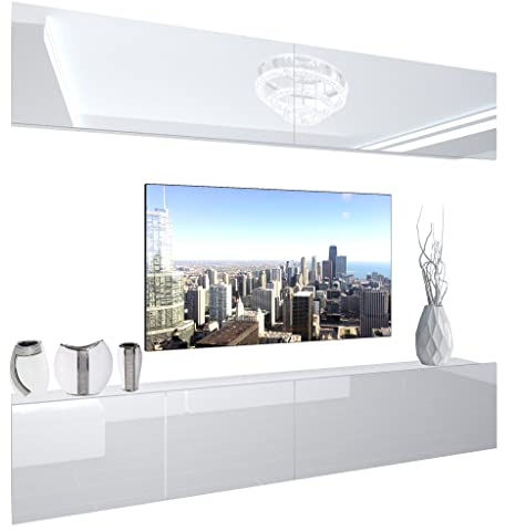 BELINI Wohnwand Vollausstattung Wohnzimmer-Set Moderne Schrankwand mit LED-Beleuchtung Anbauwand TV-Schrank Weiß
