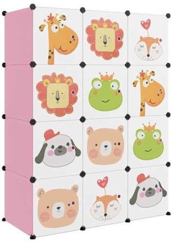 vidaXL Kinderschrank Modular mit 12 Würfeln, Regalsystem mit viel Stauraum, Würfelregal mit Stahlrahmen, Kinderregal Regal Aufbewahrungsschrank, Rosa PP