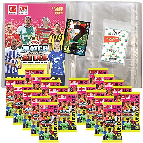 collect-it.de MY HOME OF CARDS + TOYS Exklusive Aufbewahrungshüllen im Bundle mit Topps Match Attax 2022/23-1 Leere Sammelmappe + 20 Booster + 1 seltene Nationalspieler Karte