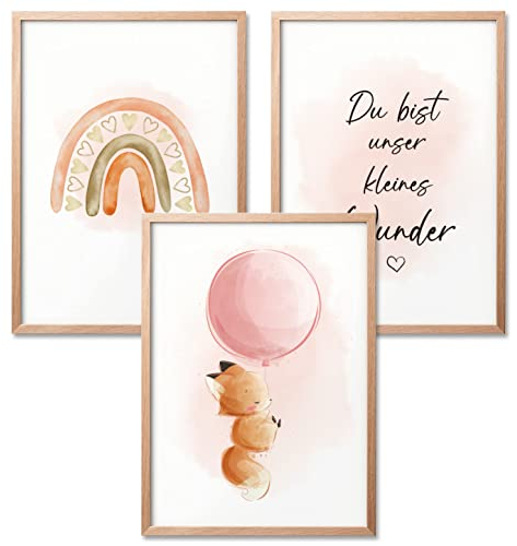 BIROYAL Bilder Kinderzimmer | 3er Set DIN A4 | Wandbilder | Kinderzimmer Poster | Deko Bilder Kinderzimmer Mädchen und Jungen | Babyzimmer Deko | Wandposter Premium (Rosa, Fuchs)