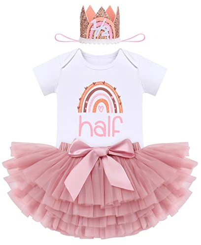 FYMNSI Baby Mädchen Boho Regenbogen 1/2. Geburtstag Outfit Baumowlle Kurzarm Strampler Body Tütü Tüll Rock Hut Stirnband Halber Geburtstag Party Fotoshooting Bekleidungsset Dunkelrosa 6 Monate