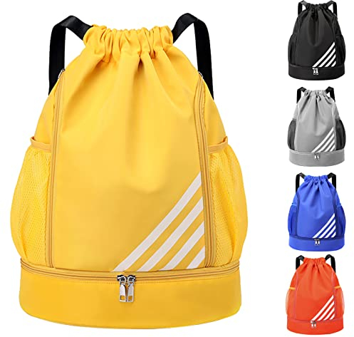 Tokeya Turnbeutel Kordelzug Damen Sportbeutel Wasserdicht Rucksack mit Schuhfach Tunnelzug Daypack Fussball Tasche Sporttasche Leichter Gymsack für Reisen Schwimmen Fitness Basketball, Gelb