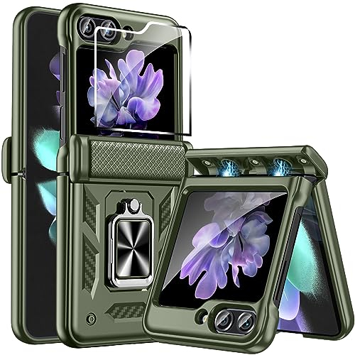 Fewdew Funda para Samsung Z Flip 5,Funda Z Flip 5 con Frente Protector de Pantalla y Bisagra Protección,360°Magnetic Anillo Soporte,Armor Bumper Carcasa Case Cover para Galaxy Z Flip 5 5G 2023,Verde