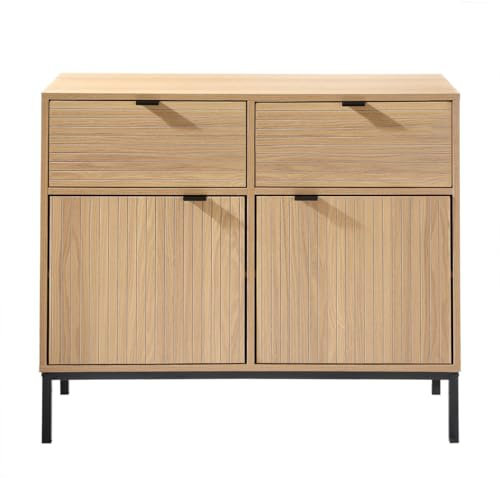 Calicosy - Buffet 2 Portes 2 Tiroirs - Décor Bois Chêne - Façade Rainurée - Panneaux De Particules - Piétement Métal Noir - Séjour, Chambre, Salon - Style Industriel - L 90 x P 40 x H 80 cm