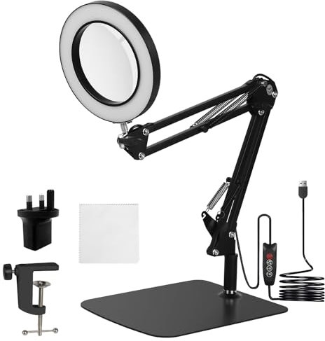 10X Magnifying LED Desk Lamp with Base & Clamp, 3 Color Lighted Magnifier, Adjustable Arm 4.13 Diameter Glass Lens for Reading, Hobbies (Black)