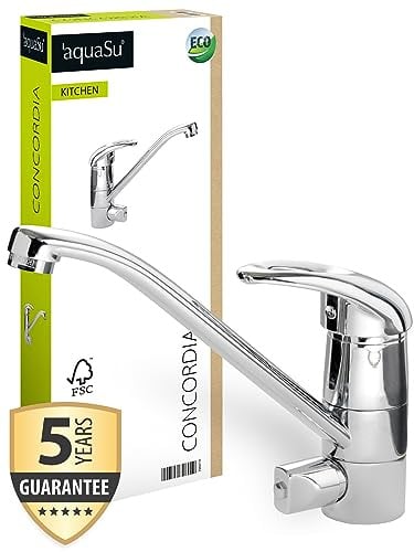 aquaSu® Spültischarmatur mit Geräteanschluss Concordia, Einhebelmischer mit Wasserspar-Kartusche, Wasserhahn für Spüle, Auslauf schwenkbar, Standard-Befestigung, Messingkern, chrom, 796019